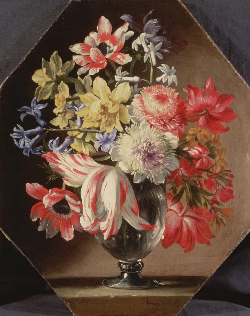 Vaso fi fiori con tulipani, crisantemi, rose e campanule - Johnny van Haeften Gallery, London